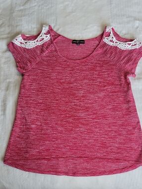 Almost Famous Pink Cold-Shoulder Top with White Lace Trim- Medium